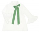 Ivory Stretch Jersey Dress With Green Velvet Bow & Ruffle Cuffs