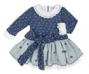 Girls Blue Knitted Dress with Cheviot Polka Dot Skirt