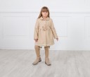 Girls Beige Traditional Coat With Lace & Velvet Bows