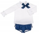 White Blouse & Blue Frilly Short with Pearls Set