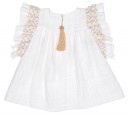 Girls White & Beige Dress With Ruffle Sleeves