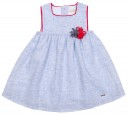 Girls Blue Dress with Red Trim & Flowers 