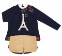 Girls Navy Blue Knitted Sweater & Mustard Herringbone Short Set 