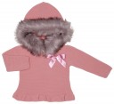 Blush Pink Knitted Sweater With Synthetic Fur Hood & Satin Bow