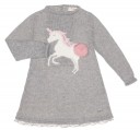 Girls Gray Knitted Unicorn Dress with Pom-Pom