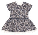 Girls Beige & Navy Blue Jacquard Dress with Back Bow