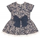 Girls Beige & Navy Blue Jacquard Dress with Back Bow