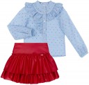 Dolce Petit Girls Blue Cotton Shirt & Red Ruffle Skirt Set