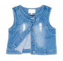 Girls Blue Denim Sleeveless Jacket With Pearls Apliqué