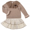 Beige & Brown Knitted Sweater & Lace Ruffle Skirt Set 