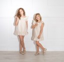 Girls Beige & Gold Ruffle Dress with Bow 