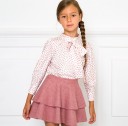 Girls White Blouse & Pink Glitter Polka Dots With Bow Collar
