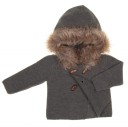 Gray Knitted Cardigan With Synthetic Fur Hood