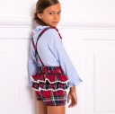 Girls Blue Shirt & Burgundy Checked Shorts with Braces Set Outfit