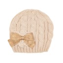 Girls Beige Knitted Hat with Flower & Gold Bow