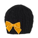 Girls Black Knitted Hat with Flower & Mustard Velvet Bow