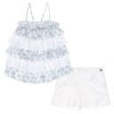 Girls White & Green Layered Top & White Shorts Set 