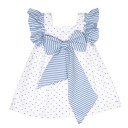 White & Denim Blue Polka Dot Dress With Striped Maxi Bow