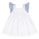 White & Denim Blue Polka Dot Dress With Striped Maxi Bow
