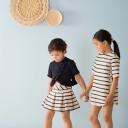Girls Beige & Navy Blue Striped Dress