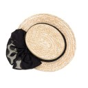 Girls Beige Straw Hat With Black Spotted Bow 