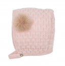Baby Girls Pink Bonnet with Synthetic Fur Pom-Pom