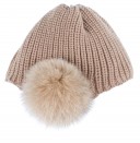 Girls Beige Knitted Hat & Synthetic Fur Pom-Poms