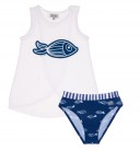 White T-Shirt & Navy Blue Fish Print Bikini Bottoms Set