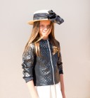 Girls Black Faux Leather & Jersey Jacket With Brooch 
