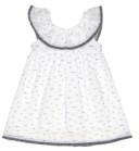 White Polka Dot & Birdie Print Cotton Dress with Ruffle Collar