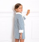 Girls Blue and White Geometric Dress & Blue Sweater Outfit