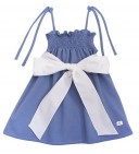 Girls Blue Pique Cotton Jersey Dress With White Maxi Bow