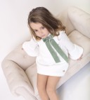 Ivory Stretch Jersey Dress With Green Velvet Bow & Ruffle Cuffs