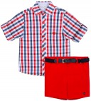 Dolce Petit Conjunto Niño Camisa Cuadros &  Short Rojo con Cinturón Marino