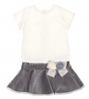 Ivory Blouse & Gray Velvet Skirt Set