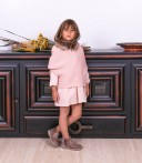 Girls Pink Dress with Knitted Poncho & Taupe Boots Outfit