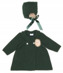Baby Green Knitted Pram Coat & Bonnet Set with Pom Poms