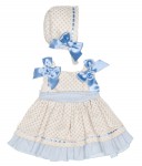 Baby Beige & Blue Polka Dot Dress & Bonnet Set 
