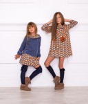 Girls Rust & Blue Fox Print Dress with Ruffle Collar