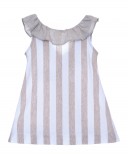 White & beige jersey stripped dress with frill and ribbon trim 