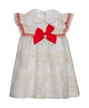 Beige & Red Toile Crocheted Dress