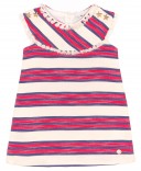 Girls Red & Blue Striped Jacquard Dress with Fringes 