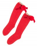 Red Knitted Long Socks With Pompoms