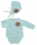 Baby Pale Turquoise Knitted Sweater, Knickers & Bonnet Set with Fur Pom-Poms