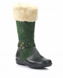 Dark Green Leather Calf Boots With Beige Synthetic Top