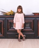 Girls Pink Dress with Knitted Poncho & Taupe Boots Outfit