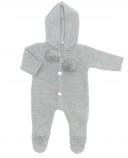 Gray Knitted Babygrow With Hood & Pompoms