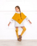 Girls Mustard Knitted Poncho with Pom-Poms