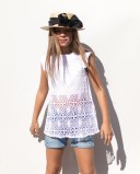 Girls White Cotton & Broderie Long Top with Crystal Decoration 