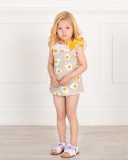Baby Girls Yellow & Beige Fried Egg Print 2 Piece Dress Set & White Glitter Sandals Outfit 